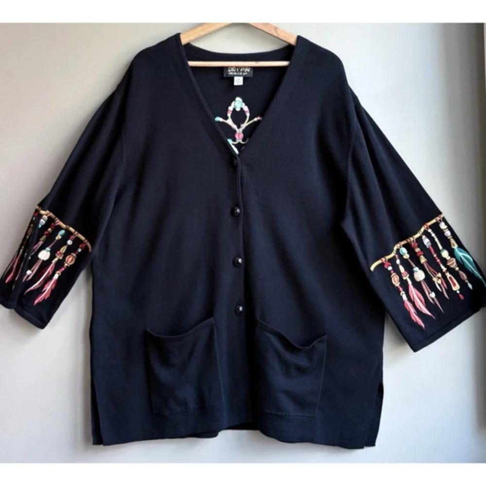 Bob Mackie Wearable Art Feather Embroidery Cardigan Sweater V-neck Black Plus 2X